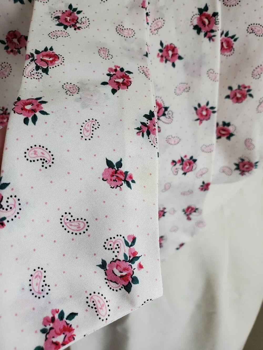 70s Vintage Pussybow Long Sleeve Blouse Micro Polka Dot Paisley Rose Print - Picture 10 of 10